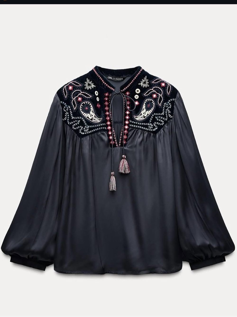 ASO TVD Zara Velvet Embroidered Blouse Navy Cat Deeley